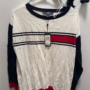 Tommy Hilfiger Cream Sweater with Navy Trim and Red Stripe